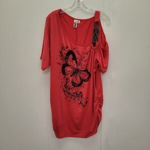L8teR Assymetrical Sleeve Butterfly Ruched Tunic Top.